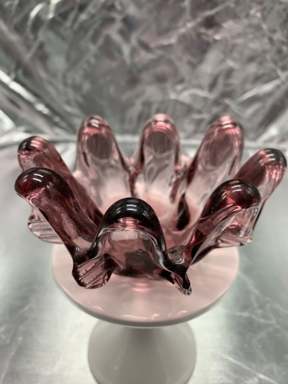 Vintage Cranberry Glass Bowl With Scalloped Edges